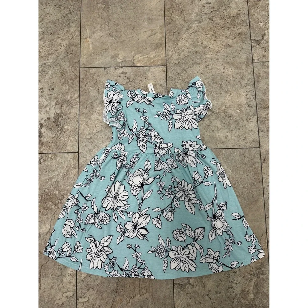Girls Tickled Teal Floral Dress Pockets Size Large 6-7